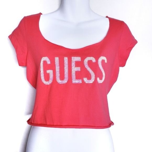 Guess Y2K Pink Sequined Raw Edge Short Sleeve Crop Baby Tee Women's Size Small - Picture 1 of 9